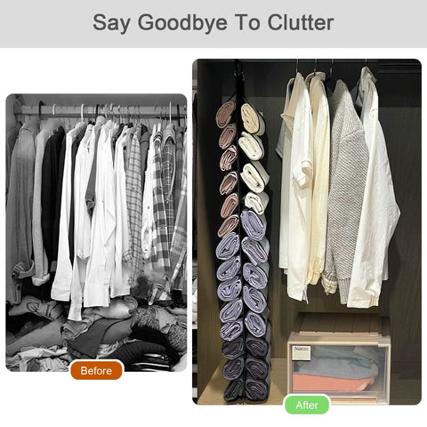 Before and after using foldable hanging legging organizer with 26 roll compartments for yoga pants shirts and more, black.