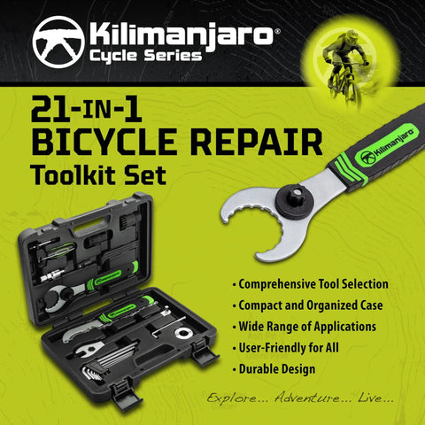 Everyday Ride Ready 21 Piece Bicycle Repair Tool Kit Set with open case and tools displayed on yellow background.