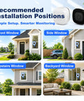 No Drills Necessary Two Pack 2K Window Security Cameras Indoor Home Surveillance for round the clock AI person detection at various window installations.