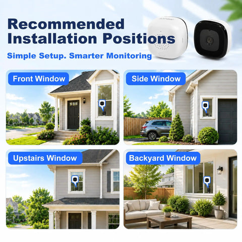 No Drills Necessary Two Pack 2K Window Security Cameras Indoor Home Surveillance for round the clock AI person detection at various window installations.