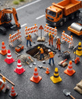 Mini construction scene featuring traffic cones, workers, and equipment showcasing Kick Off Your Events With These Durable Mini Traffic Cones Bulk Pack Designed For Birthday Parties Classroom Drills And Hobby Track Layouts Ready To Roll Anytime Featuring Bold Assorted Colors Straight Up Tough Build.