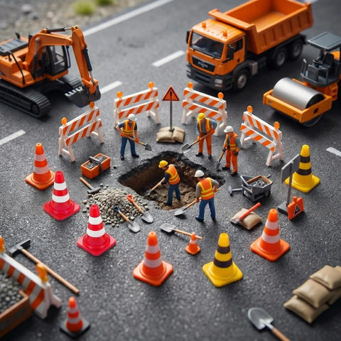 Mini construction scene featuring traffic cones, workers, and equipment showcasing Kick Off Your Events With These Durable Mini Traffic Cones Bulk Pack Designed For Birthday Parties Classroom Drills And Hobby Track Layouts Ready To Roll Anytime Featuring Bold Assorted Colors Straight Up Tough Build.