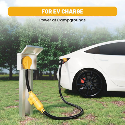 Heavy Duty Nema 14 50P To Nema 6 20R Ev Charging Adapter For Tesla Vehicles With Integrated Surge Protector Breaker connecting to EV charger.