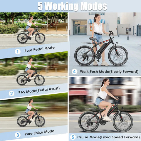 500W Electric Mountain Bike With Cruise Control And Pedal Assist For Adults 26 Inch Wheels 21 Speed Drivetrain 48V 375Wh Battery Smooth Acceleration Kickass Hill Climb Long Range Commuter EBike UL2849 Certified, 5 modes