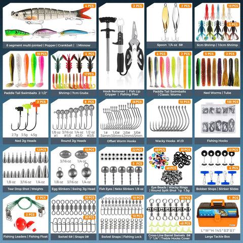 Massive 4-Layer Tackle Box Kit With 547-Piece Fishing Lures Set, showing various lures, hooks, weights, and tools for bass fishing.