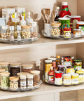 Smooth Operator 12 in Lazy Susan Turntable 4 Pack Crystal Clear BPA Free Plastic Pantry Cabinet Organizer for Spice Rack 360 Spin with condiments and spices