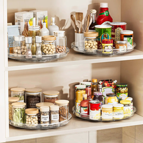 Smooth Operator 12 in Lazy Susan Turntable 4 Pack Crystal Clear BPA Free Plastic Pantry Cabinet Organizer for Spice Rack 360 Spin with condiments and spices