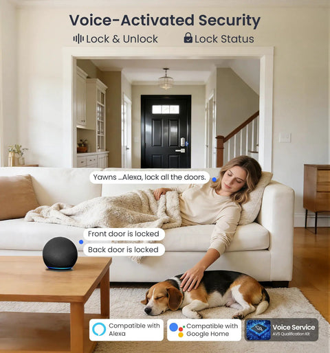 Woman on a couch with a dog, using Alexa for Smart WiFi Fingerprint Front Door Lock With App Control And Voice Assistants 6 In 1 Keyless Entry.