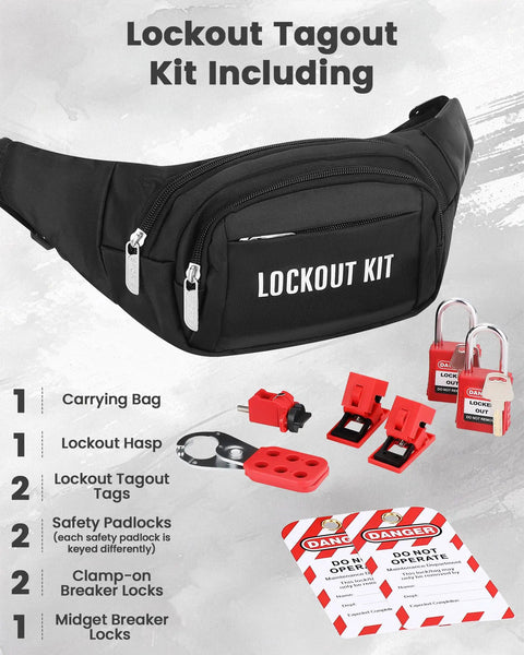Lockout Tagout Kit For Electrical Safety, OSHA Compliant Industrial Lockout Set With 2 Padlocks, 1 Hasp, 2 Breaker Locks, Tags, Portable Waist Bag