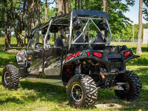 High Clearance Boxed Rear Radius Arms Beefed Up For Polaris RZR XP 900 And XP 4 900 2011 To 2014 Black Finish Heavy Duty Welded Strength Upgrade For Tough Trails And More Maneuverability installed on rear suspension