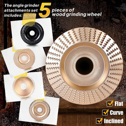 Heavy Duty Wood Carving Disc Set For Angle Grinders Featuring Savage Sharp Stump Grinding Teeth, Five Piece Kit Compatible With Four And Four Point Five Inch Tools, Five Eighth Inch Arbor, Tough As Nails Carbon Steel Milling Blades For Quick Yard Cleanup