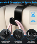 Amooca car seat headrest hook 4-pack, black, installed on beige headrest, 360° rotation holds purse