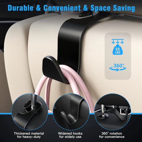Amooca car seat headrest hook 4-pack, black, installed on beige headrest, 360° rotation holds purse