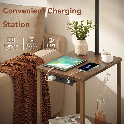 Floor Lamp With Table And USB Charging Station End Table With Shelves Dope Modern Design showing charging station on wooden table