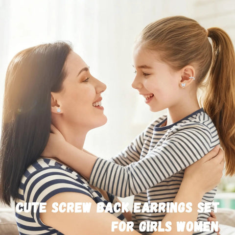 Hypoallergenic Surgical Steel Flat Back Earrings Set For Women And Girls 10 Pairs Of Cute Studs Huggie Hoops And CZ Hoop Staples With Balls Hearts Stars And Flowers Comfy All Day Jewelry Collection, mother and daughter wearing screw back studs