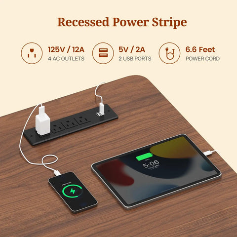 L Shaped Standing Desk With Electric Height Adjustment For Sit-Stand Comfort, recessed power strip on walnut finish