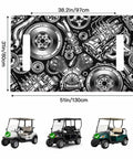 Two Seater Golf Cart Seat Cover And Towel Microfiber Absorbent Breathable Bench Seat Protector With Vintage Engine Print For Golf Course 51x31 Inches Car Style Comfort For All Seasons, shown with size dimensions and compatible carts