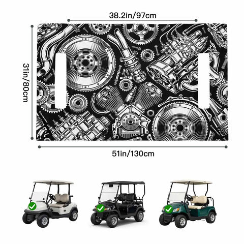 Two Seater Golf Cart Seat Cover And Towel Microfiber Absorbent Breathable Bench Seat Protector With Vintage Engine Print For Golf Course 51x31 Inches Car Style Comfort For All Seasons, shown with size dimensions and compatible carts