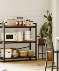 Built Like A Tank Three Tier Bookshelf With Pretty Dang Roomy Shelves, Industrial Vintage Wood And Metal Storage Rack used in a kitchen setting.