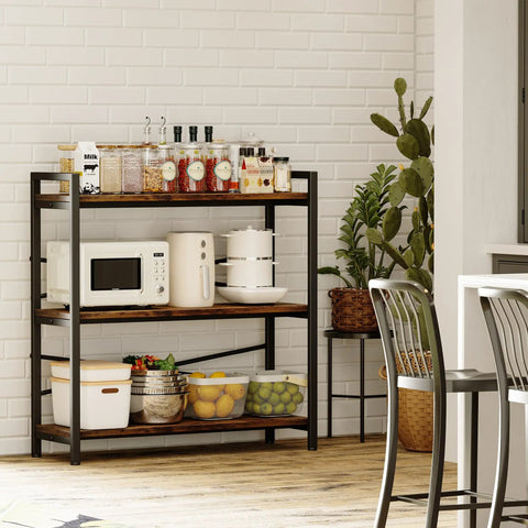 Built Like A Tank Three Tier Bookshelf With Pretty Dang Roomy Shelves, Industrial Vintage Wood And Metal Storage Rack used in a kitchen setting.