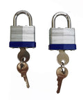 Laminated Steel Padlock Set, One And Nine Sixteenths Inch Wide Body, Short Shackle, Two Pack Keyed Alike Locks With Hardened Steel Shackle