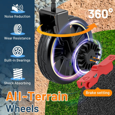 All-terrain wheels with 360° rotation and brakes on Extra Long Folding Wagon With Tailgate And Brakes For Easy Haul
