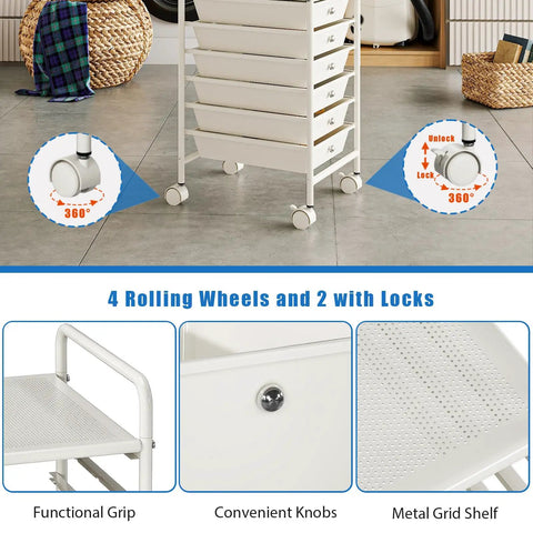 Six Tier Utility Cart With Six Drawers Rolling Cart With Two Lockable Caster Wheels Multipurpose Mobile Drawer Cart For Office Kitchen And Bathroom Ivory White