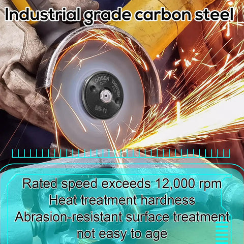 2-Pack 5/8-11 Angle Grinder Flange Nuts Kit in use on angle grinder sparks flying, industrial grade carbon steel
