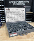 Inch 18-8 Stainless Steel Allen Button Head Socket Cap Screws Bolts Set With Locking Storage Bin displayed on a workshop table