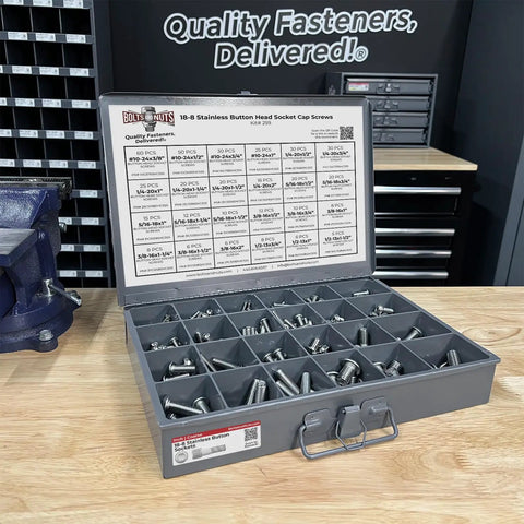 Inch 18-8 Stainless Steel Allen Button Head Socket Cap Screws Bolts Set With Locking Storage Bin displayed on a workshop table