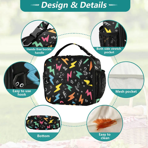 Colorful Lightning Bolts Insulated Lunch Bag With Shoulder Straps For Office School Travel For Kids And Adults This Portable Cooler Tote Has A Spacious Main Compartment And Side Mesh Pockets For Drinks Snacks And Lunch On The Go. Black polyester insulated lunch bag with lightning print, top handle, side mesh pocket, and easy-clean lining