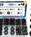 180 Pack Black Lock Nuts Assortment Kit M3 Through M12 Nylon Insert Nylock Nuts 304 Stainless Steel Standard Threads