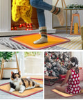 Collage of a Cozy Foot Warmer Heated Floor Mat with a person, cat, and child sitting on it, 21.6x19.7 inches, brown PVC design.