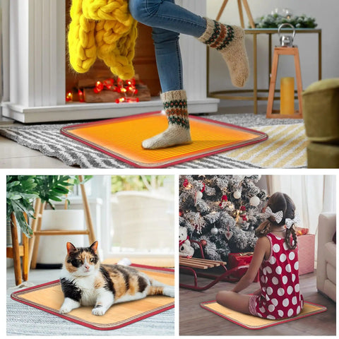 Collage of a Cozy Foot Warmer Heated Floor Mat with a person, cat, and child sitting on it, 21.6x19.7 inches, brown PVC design.