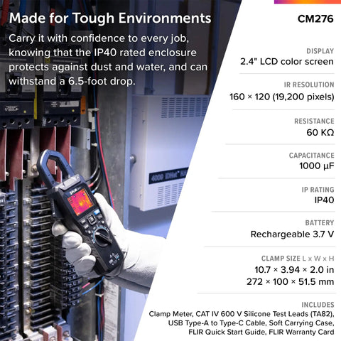 Technician using CM276 IGM Clamp Meter With METERLiNK for safe electrical troubleshooting in a panel.