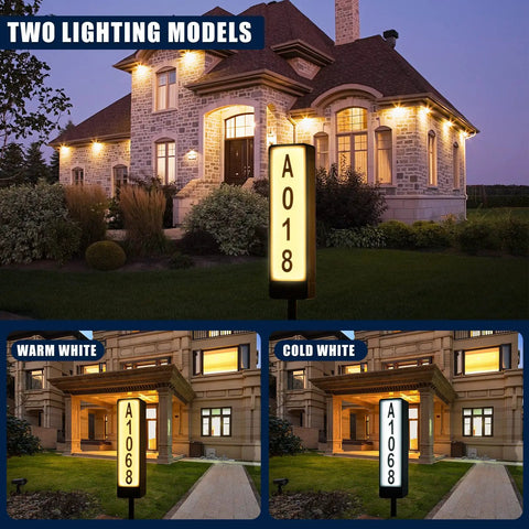 Dual Sided Solar Address Plaque With LED Lights in warm and cold white, showing illuminated house numbers A018 and A1068 at night