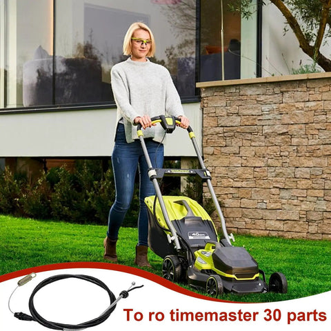 Woman using lawn mower with Drive Cable For Lawn Mowers 30 Inch Length Replacement Traction String Engine Control Line visible below