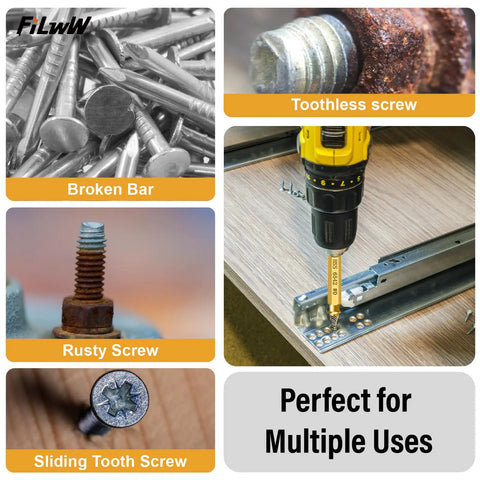 12 Piece Damaged Screw Extractor and Cobalt Drill Bit Set for Stripped Screws Remover Kit With HSS 6542 Steel shown in various applications