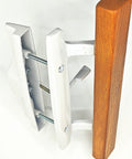 Sliding Patio Door Handle Replacement Set With Wood Interior Pull And White Zinc Diecast Pull And Chrome Plated Brackets Fits Three Point Nine Seven Five Inch Screw Hole Space Non Key Design White Brackets Cost Effective Upgrade For Worn Or Broken Patio displayed from side
