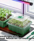 Seed Starter Tray Kit 10 Pack With Humidity Domes 120 Cells Total Germination Trays under grow lights on windowsill