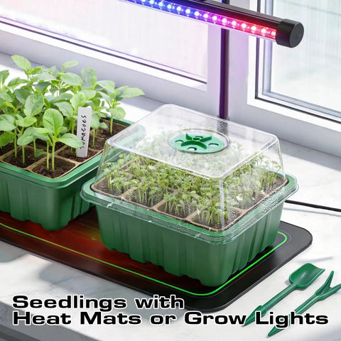 Seed Starter Tray Kit 10 Pack With Humidity Domes 120 Cells Total Germination Trays under grow lights on windowsill