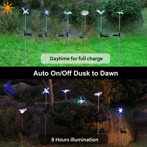 Six Pack Solar Garden Stake Lights Set With Color Changing LED Figurines Including Butterfly Dragonfly Hummingbird Bee Star Sunflower