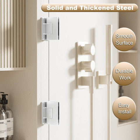 Heavy Duty Brushed Nickel Glass Shower Door Hinges For 90 Degree Corner Mount With Soft Rubber Gasket To Prevent Scratches And Damage Durable Bathroom Hardware Replacement Easy To Install Secure Fit Pair mounted on a wall.