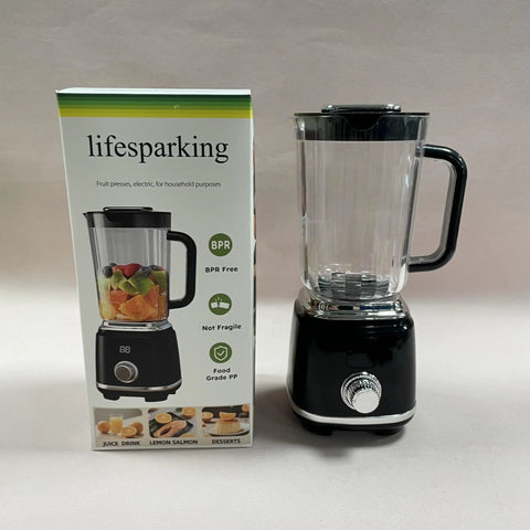 Lifesparking Electric Fruit Presser Machine For Home Kitchen with sleek black base and clear blender jar for easy juicing.