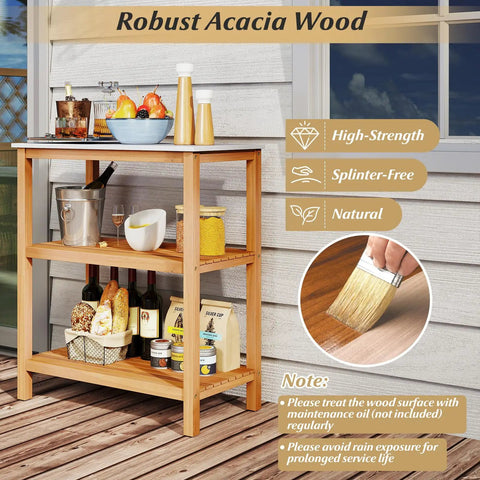 Outdoor Wooden Sideboard With Marble Look Countertop And Three Tier Acacia Buffet Organizer For Patio Yard Ready