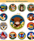 Collection of colorful embroidery patterns including animals within hoops on display, showcasing beginner punch needle kit designs.