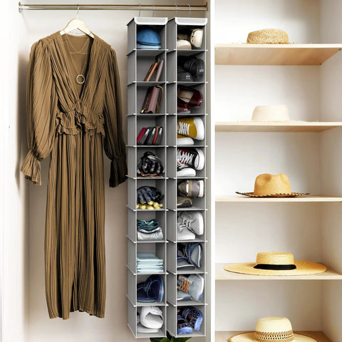 Ten-Tier Hanging Shoes Organizer For Closet In Grey, Space-Saving Vertical Shoe Rack With Durable Metal Dual-Hook Frame, fits narrow closets
