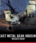 Porter-Cable angle grinder with 4-1/2-inch disc, 7.5-amp, side view grinding metal pipe with sparks.