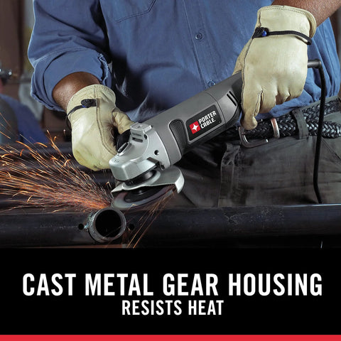 Porter-Cable angle grinder with 4-1/2-inch disc, 7.5-amp, side view grinding metal pipe with sparks.