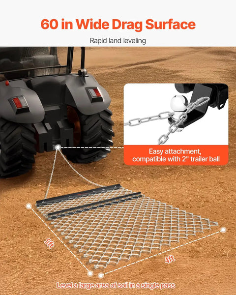 Heavy Duty Drag Harrow 4x5 Ft Chain Harrow Built Tough For Landscape Leveling and Sod Prep attached to tractor